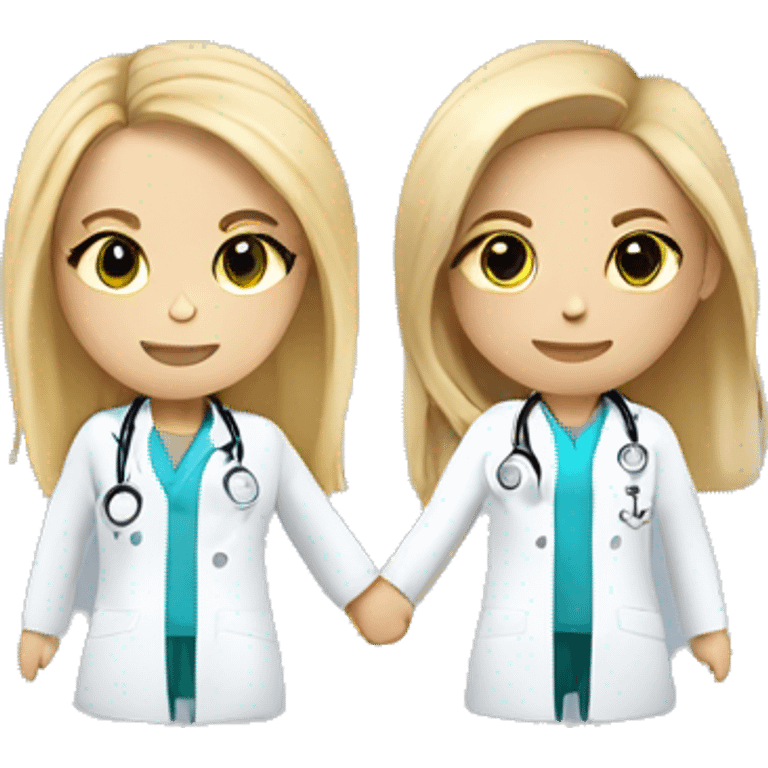 Two light skinned female doctors with long blonde hair and light eyes holding hands emoji