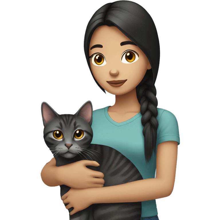 teenage girl with black straight hair holding a dark grey tabby cat emoji