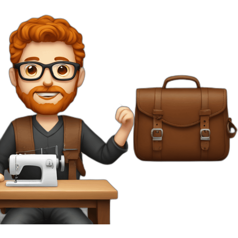 Red smooth haired man with beard and glasses sewing a leather bag by hand emoji