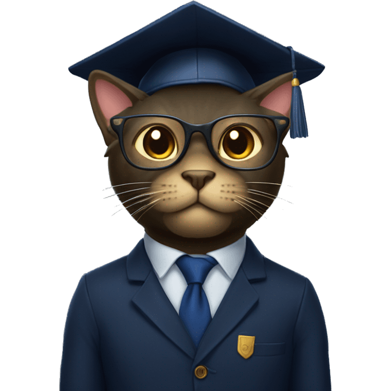 The student is a black wool cat in a dark blue suit, a square academic dark blue cap and golden glasses emoji