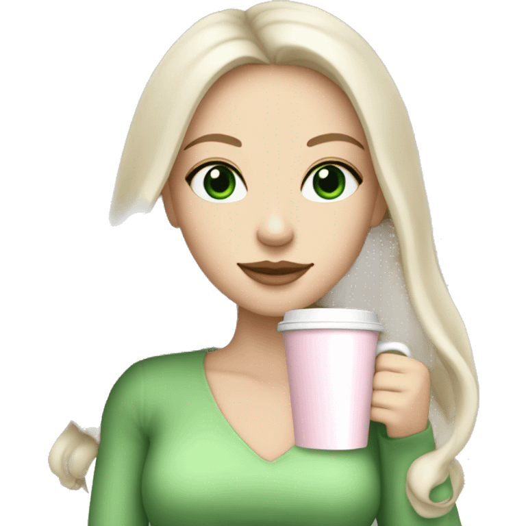 white girl with very long black hair and green eyes and light pink outfit drinking a latte emoji