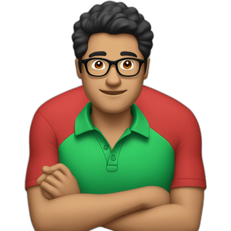 Man with black hair and glasses wearing red shirt with green polo collar no straps emoji