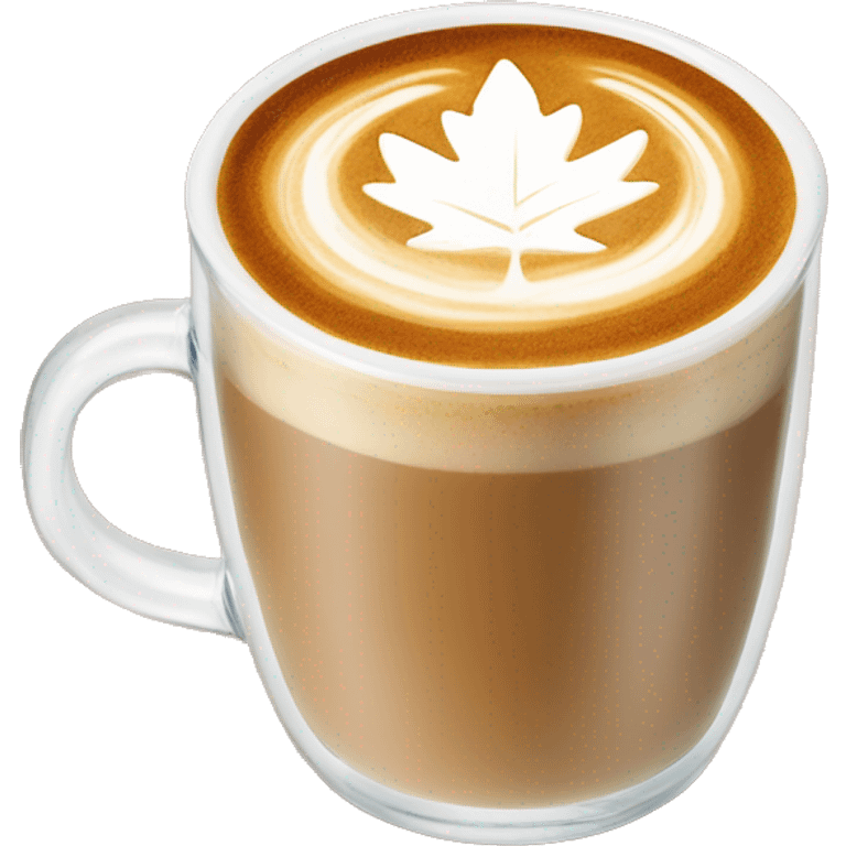 A latte in a clear glass mug with a leaf-shaped latte art design emoji