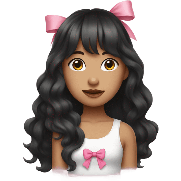 plae girl with long black wavy hair and front Korean bangs white tank top and pink bow on her hair emoji