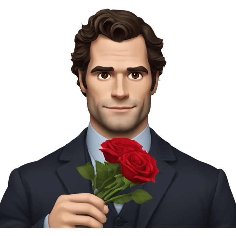 realistic photo of Henry Cavill holding roses and chocolates emoji