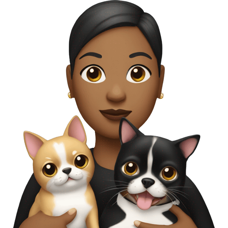 Fat black woman with short blond hair, holding a tuxedo cat and a chihuahua emoji