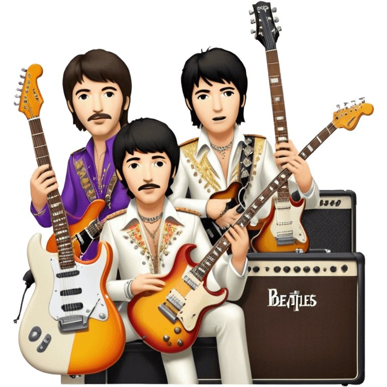 Rock music icon: collage of legendary rock stars—The Beatles, Jimi Hendrix, Elvis Presley, Queen, Nirvana, Led Zeppelin. Electric guitars, amplifiers, and microphones surrounded by vibrant stage lights and musical notes. Transparent background. emoji