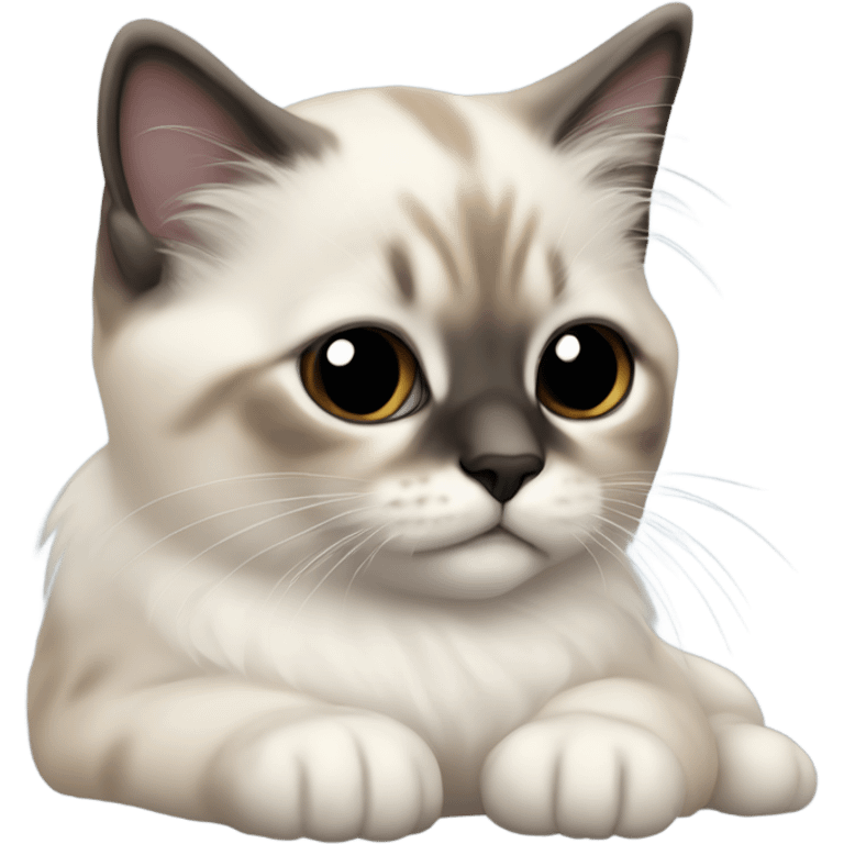 an entire birman kitten, small face, some spots of dark on the ears and middle of the face, laying down relaxed on a shoulder. emoji