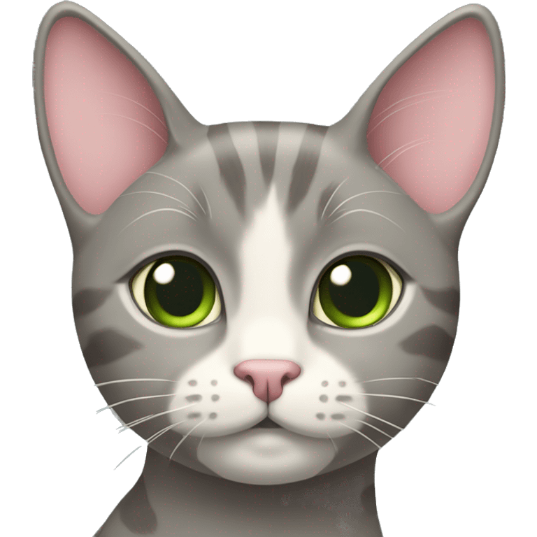 grey and tan cat with cream pattern on her forehead. Green eyes and a pink nose emoji