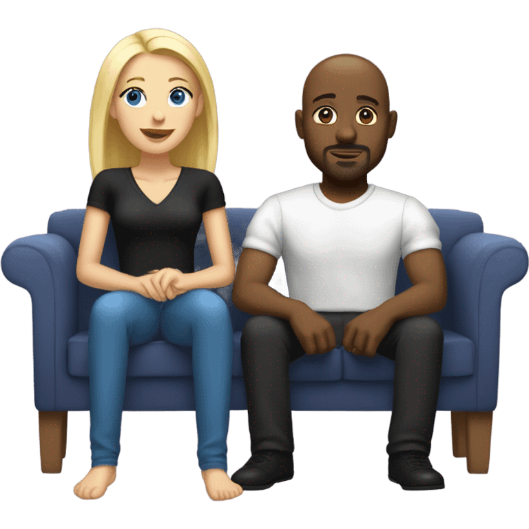 Blonde woman with blue eyes and long straight hair and black man who is bald with a goatee seated together on a sofa with their legs touching and clearly in love with each other.   emoji