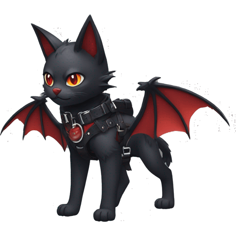 cool edgy black punk red ethereal fantasy nargacuga-bat-cat-Fakemon collar harness full body emoji