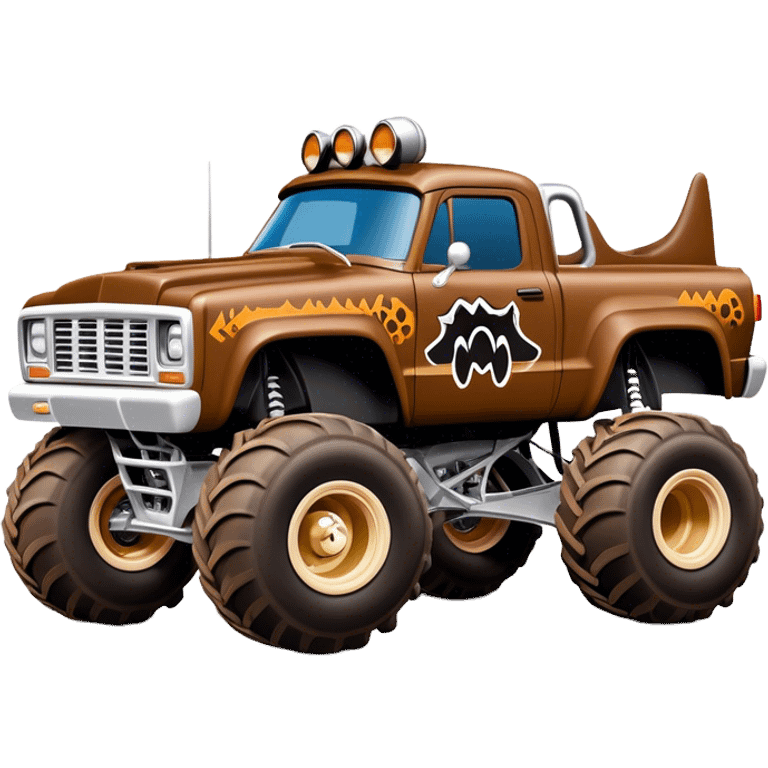 Monster Mutt - Monster Jam (Model Year: 2021) (Iconic colour: Brown with dog features) - A unique monster truck with playful, dog-inspired design cues. The vehicle is painted in warm brown tones and features subtle dog motifs (such as a stylized snout or ear shapes). It should blend the rugged power of a monster truck with quirky, endearing canine features. emoji