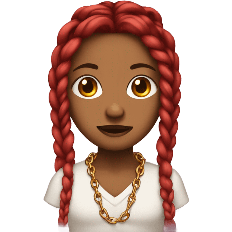 brown skin with red braids wearing a chain that says baddies emoji