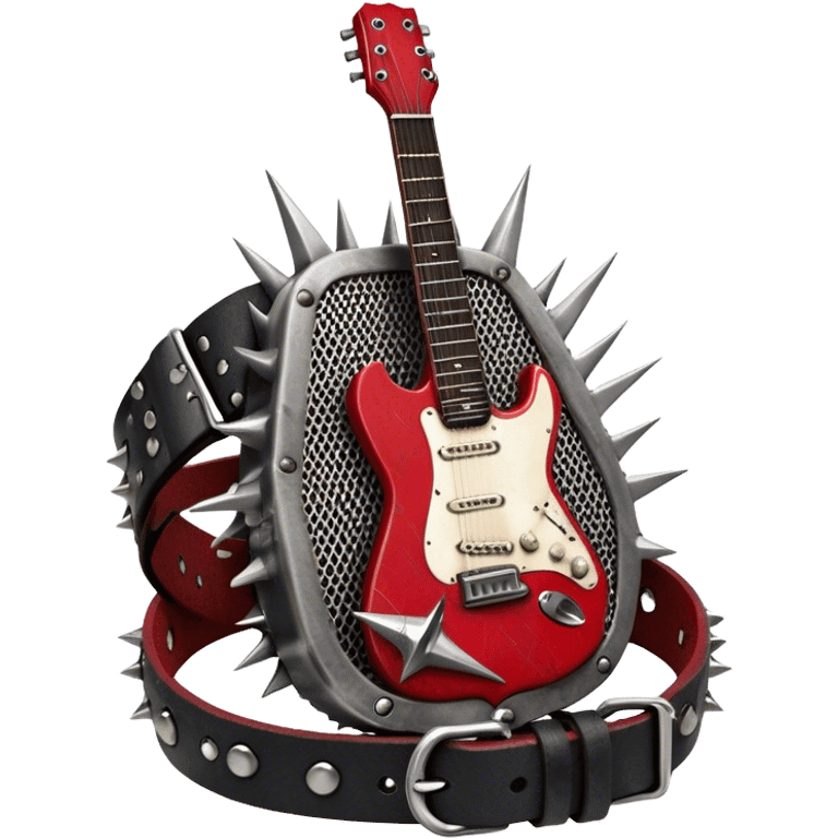 Create a powerful and dynamic humanless emoji representing rock vocals. The design should feature a classic vintage microphone with a rugged, distressed look, surrounded by elements like a guitar pick, electric guitar neck, and sound waves to reflect the raw energy of rock music. Add subtle details such as a spiked bracelet, leather textures, or bold lightning bolts to evoke the rebellious and intense spirit of rock. Use dark, edgy colors like black, red, silver, and metallic accents to emphasize the fierce, loud, and passionate nature of rock vocals. The background should be transparent. emoji