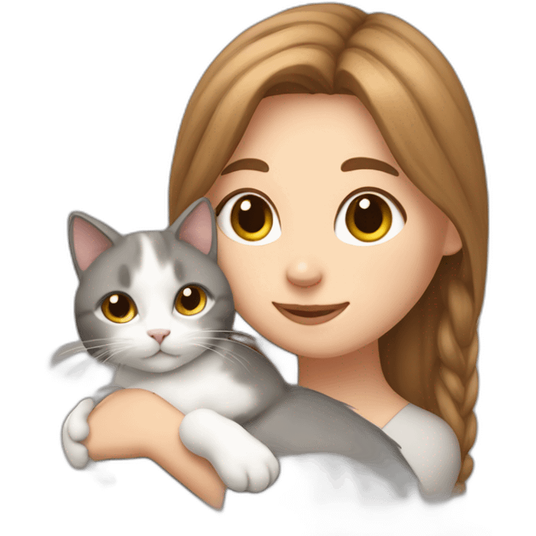 White grey cat cuddling brown hair girl emoji