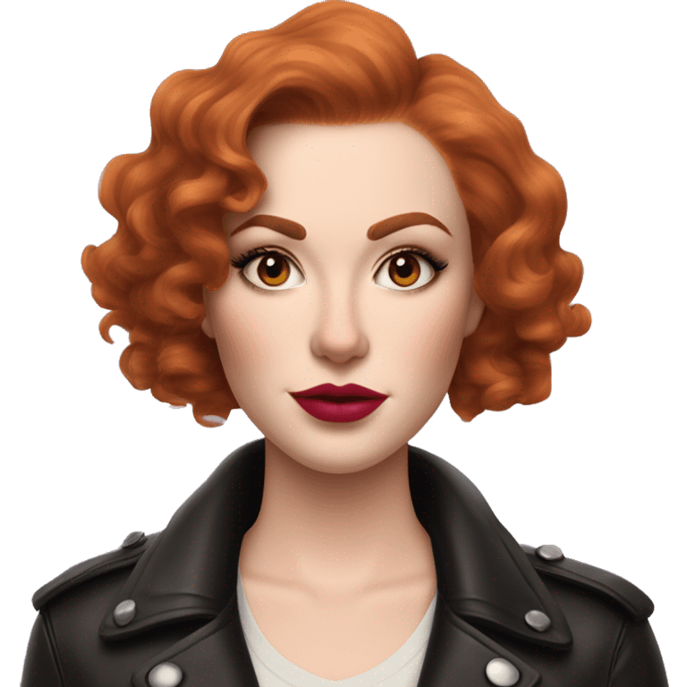 Woman with very pale skin, true red curly short hair with a side part, heavy cat-eye makeup, long eyelashes, bright pink blush and lipstick.  Her eyebrows are dark, arched and very high.  Hazel eyes. Big lips. Thin. Wearing a leather jacket  emoji