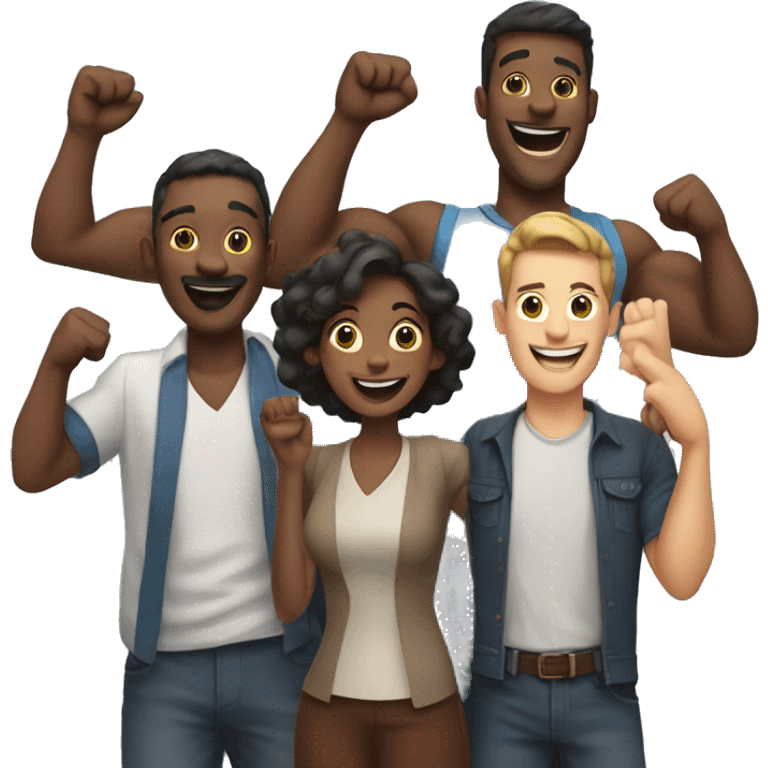 3 friends celebrating, 2 men and 1 woman, some of them with their arms raised emoji