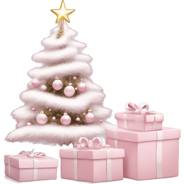 Light pink Christmas gifts under a white Christmas tree  emoji