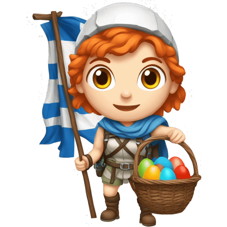 Greek Female winter mountaineer red hair white skin climbing with Greek Flag and Easter eggs basket emoji