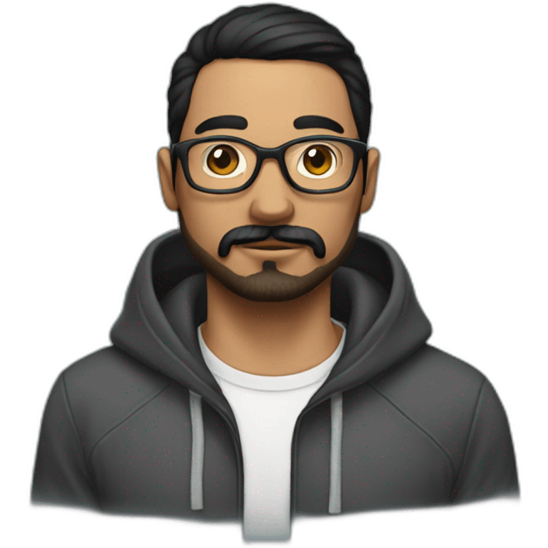 Man with dark straight hair moustache and beard, wearing a hoodie, glasses, arm tattoos emoji