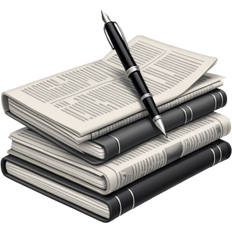 Create an emoji representing journalism and publicistic writing. The design should feature a stack of newspapers as the base, with an open working notebook placed on top of them. A single fountain pen should rest at the very top on the notebook, symbolizing the act of writing. Use neutral, professional colors like black, white, and muted tones to convey a sense of seriousness and intellect. Do not include any emojis or smiley faces. Make the background transparent. emoji