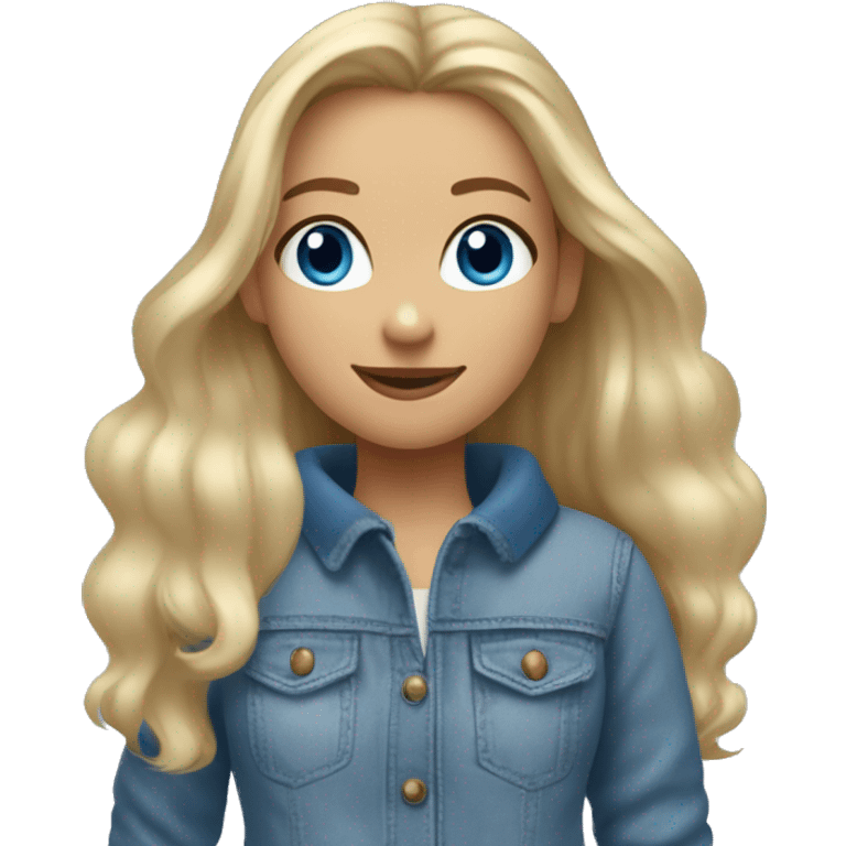 Blonde girl withe blue eyes, and long air, she smile and she wear pullover and blue low jean and Ugg  emoji