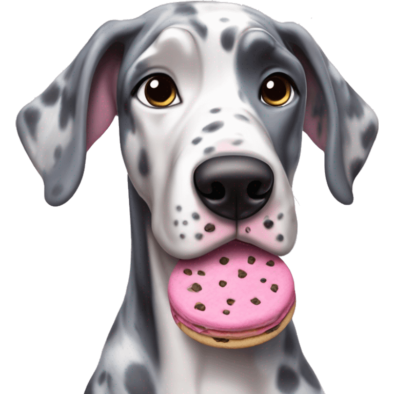 Blue Merle Great Dane eating pink cookies emoji