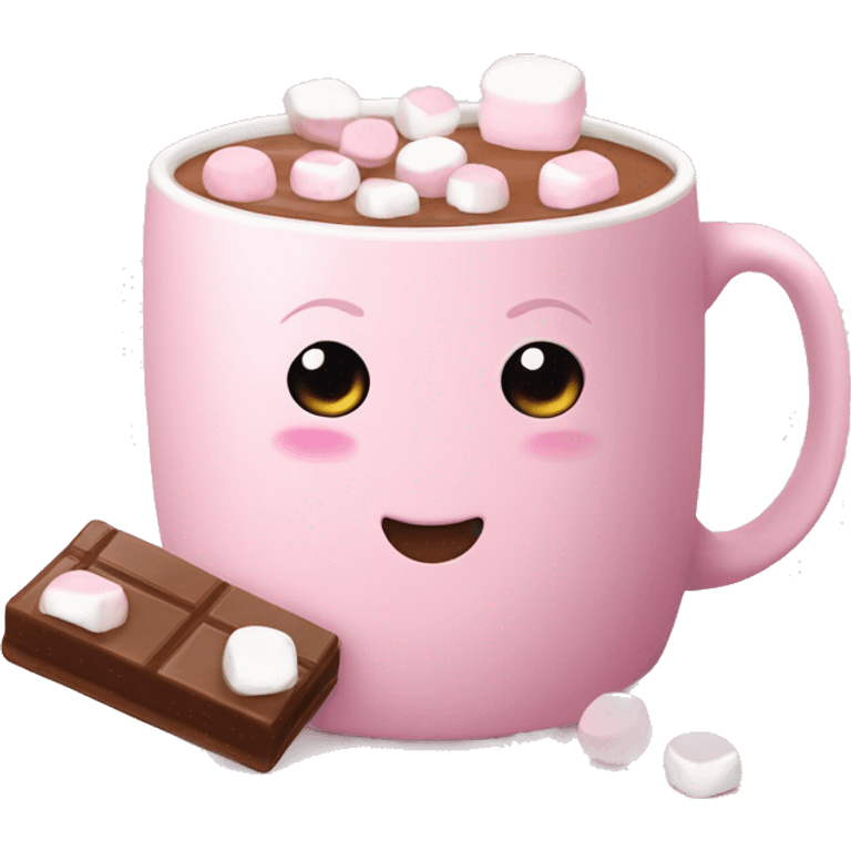 Pale pink hot chocolate mug with hot chocolate in it and marshmallows emoji