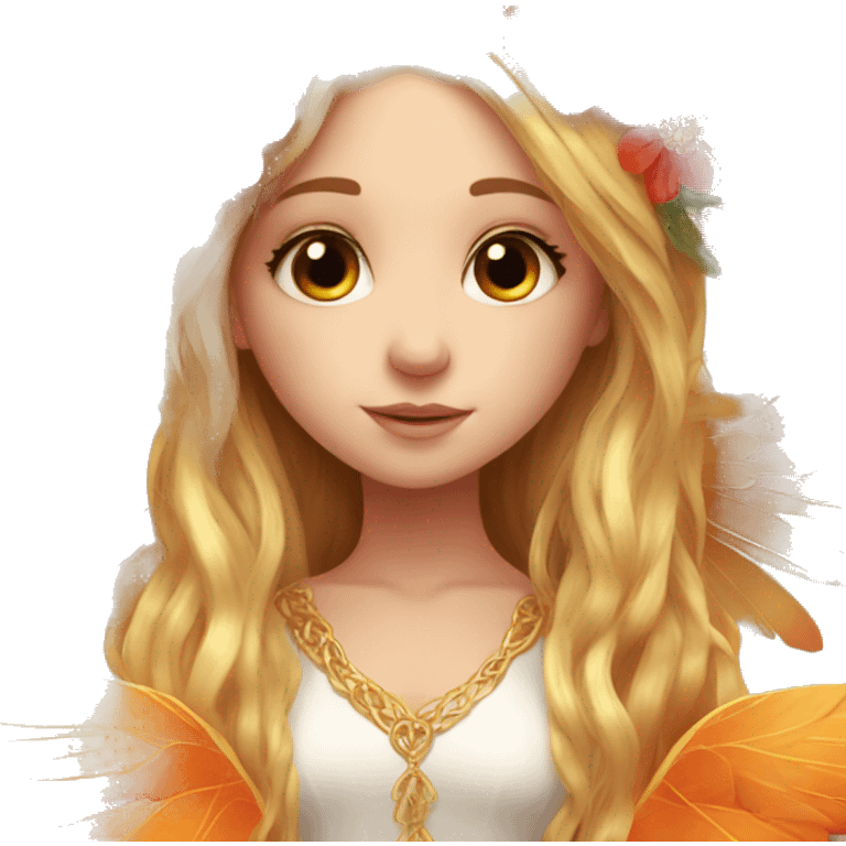 big wings, flower, Beautiful, fairy, gold, orange,red, long hair emoji