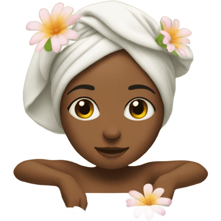 girl with towel on head relaxing in bath with flowers emoji