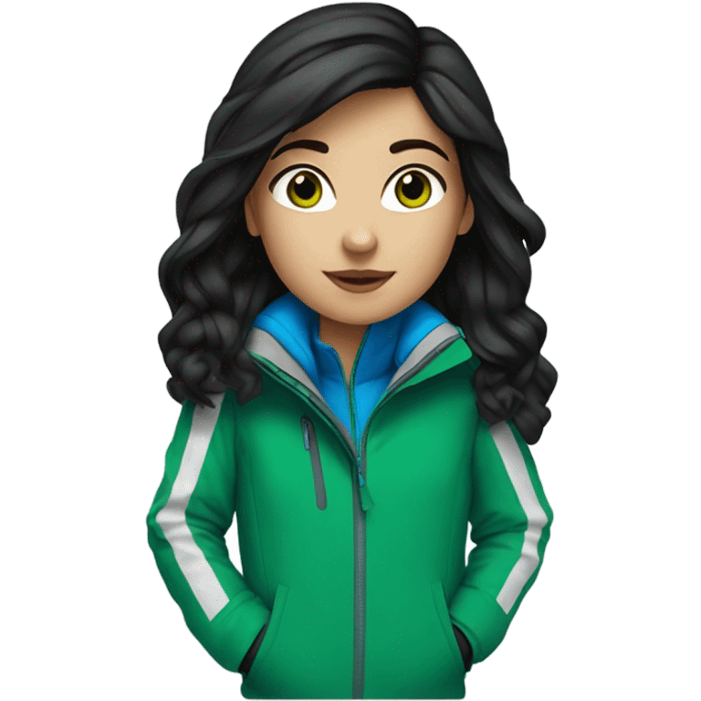 White girl, black hair, blue eyes, skiing, green jacket emoji