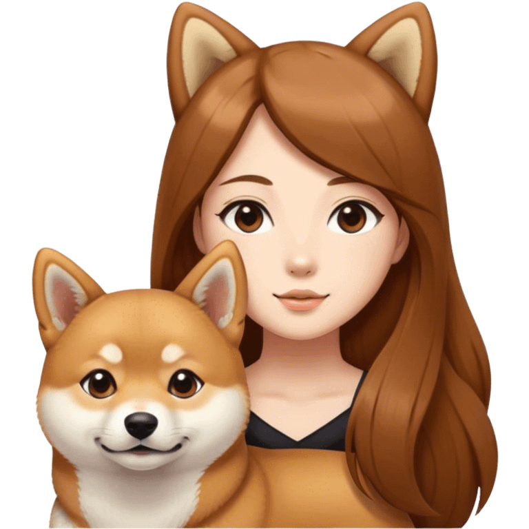 A girl with long brown hair with a Shiba Inu.  emoji