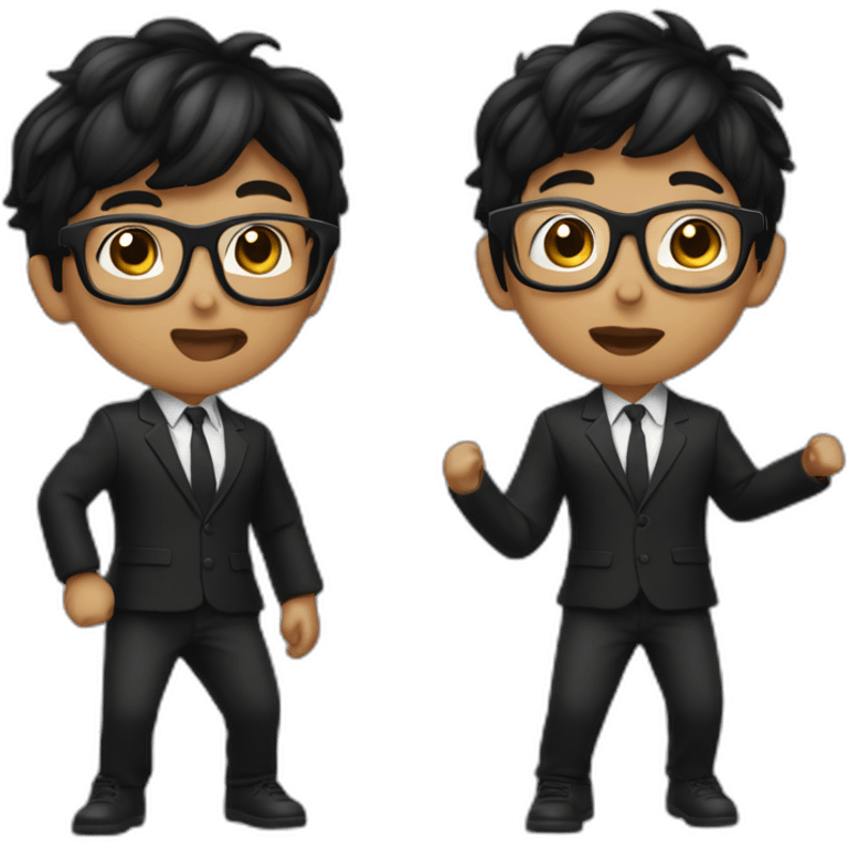 short black hair kid with black blazer and glasses doing the floss dance emoji