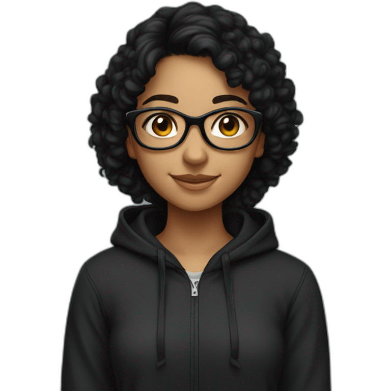 smiling teenage indian girl with glasses with black curly hair wearing a black hoodie with no zipper emoji