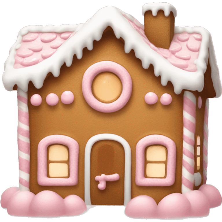 Cute light brown gingerbread house with white icing and light pink accents emoji