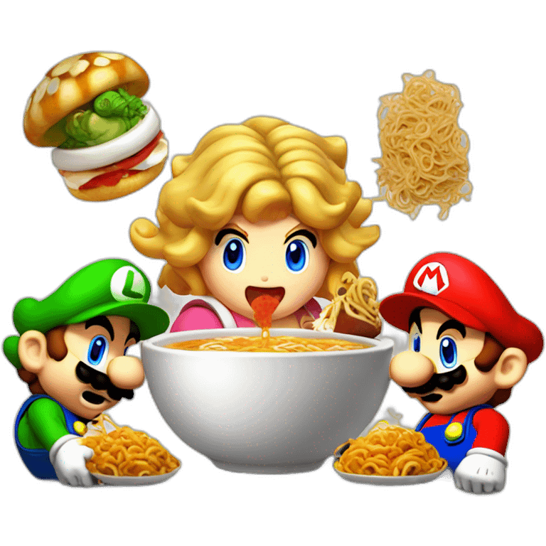 super mario bros luigi peach toad and bowser eating ramen emoji