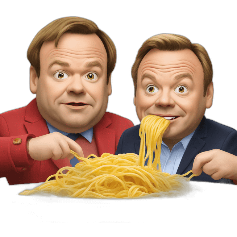 Shaun Williamson and Adam Woodyatt eating spaghetti hoops emoji