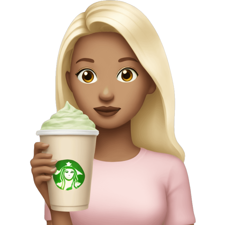 Blonde girl with a pastel pink top drinking iced matcha latte  emoji