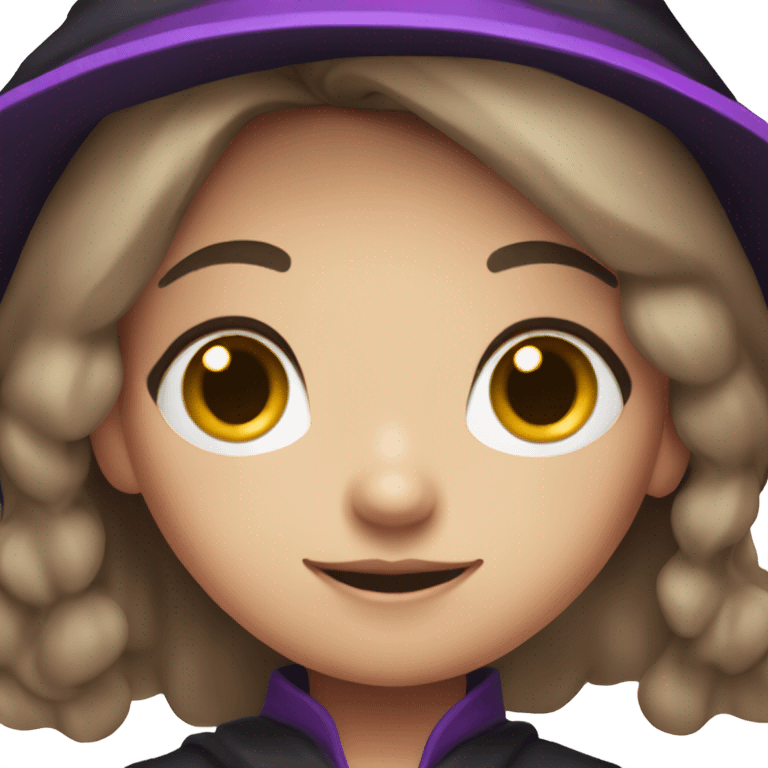 a young white thin girl with straight brown hair and dark eyes dressed as a witch with purple hat emoji