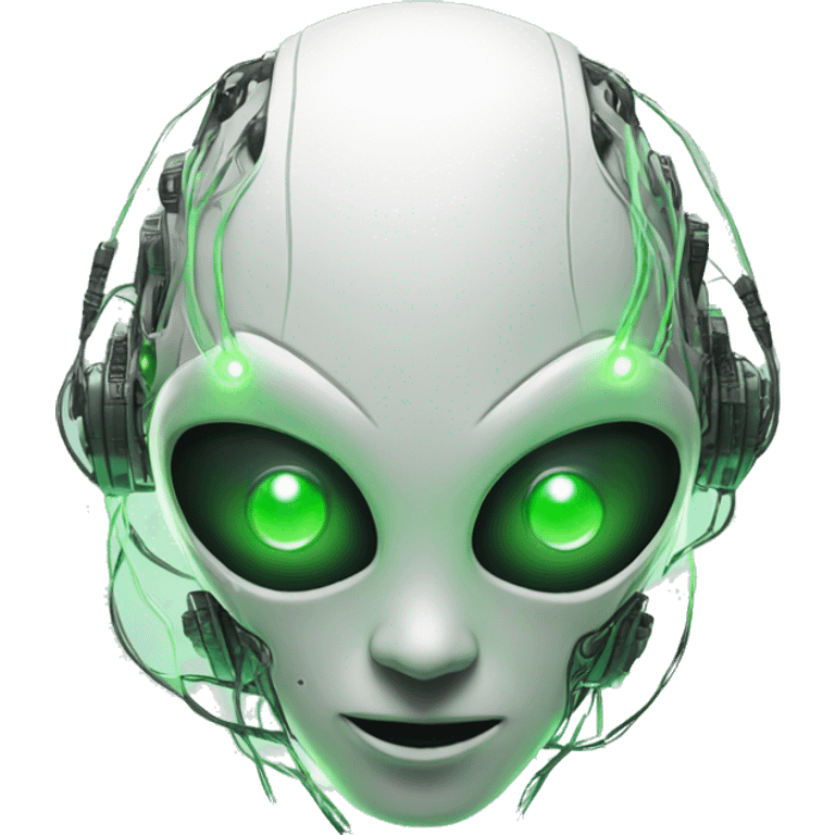 Round Alien cyborg head with glowing wires and green eyes  emoji