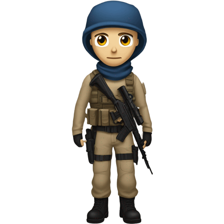 White male, call of duty mask, tan tactical gear, tan pants, combat boots, black beanie, blue eyes, no glasses emoji