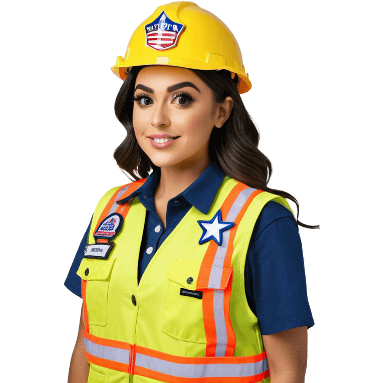  Charli D'Amelio is a construction worker wearing a patriotic dress with a neon yellow safety vest over the dress. she also has a hard hat and a patriotic patch on the vest emoji