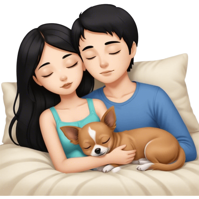 Coquette teenage cute asian black hair girl sleeping with brown longhair chihuahua and guy with black hair emoji