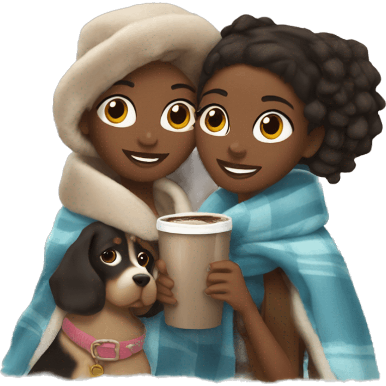 Two Black girls with blankets and hot chocolate with Ugg shoes on and a dog emoji