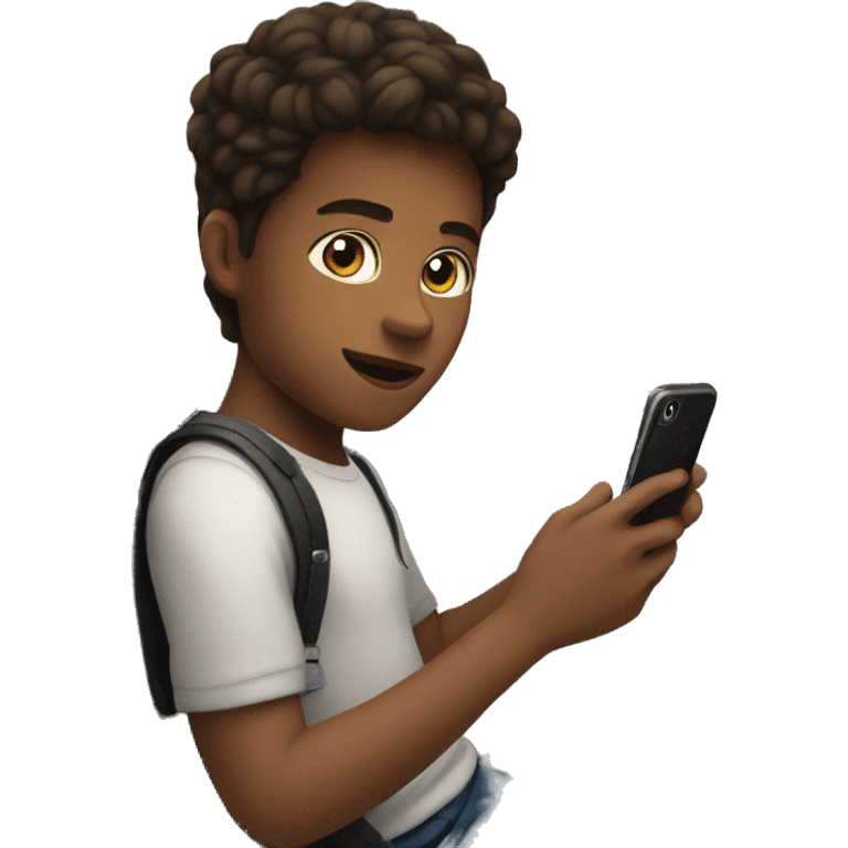 boy riding a train with an iPhone, brunette emoji