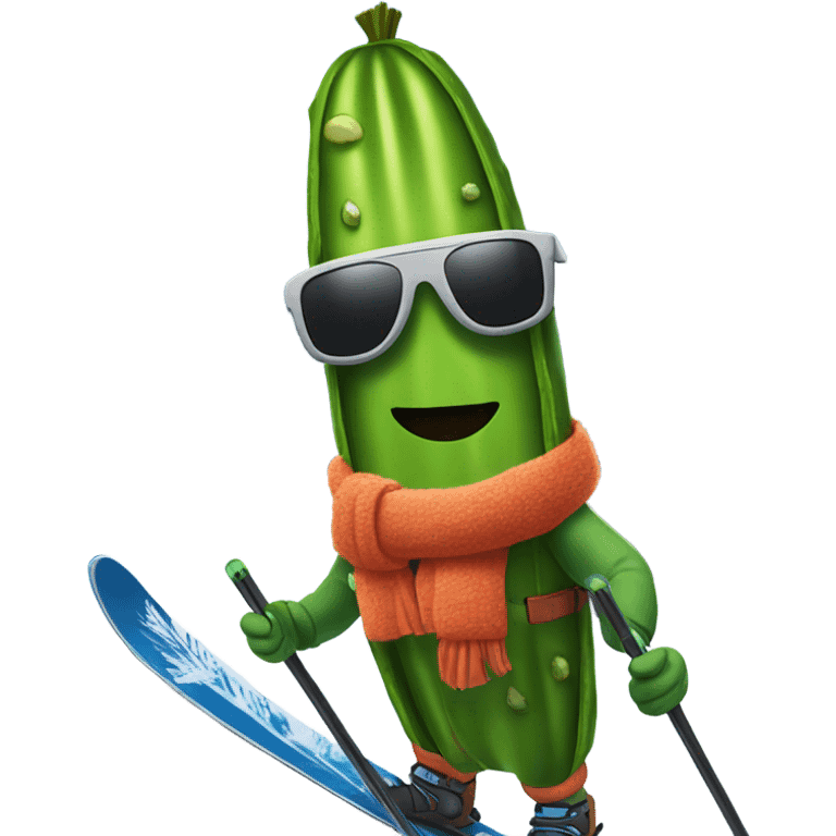 Pickle wearing sunglasses skiing down a mountain emoji