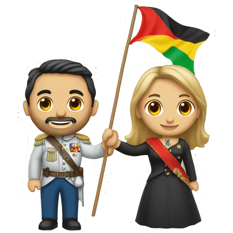 un couple franco-portugais qui tiens un grand drapeau Allemand  emoji