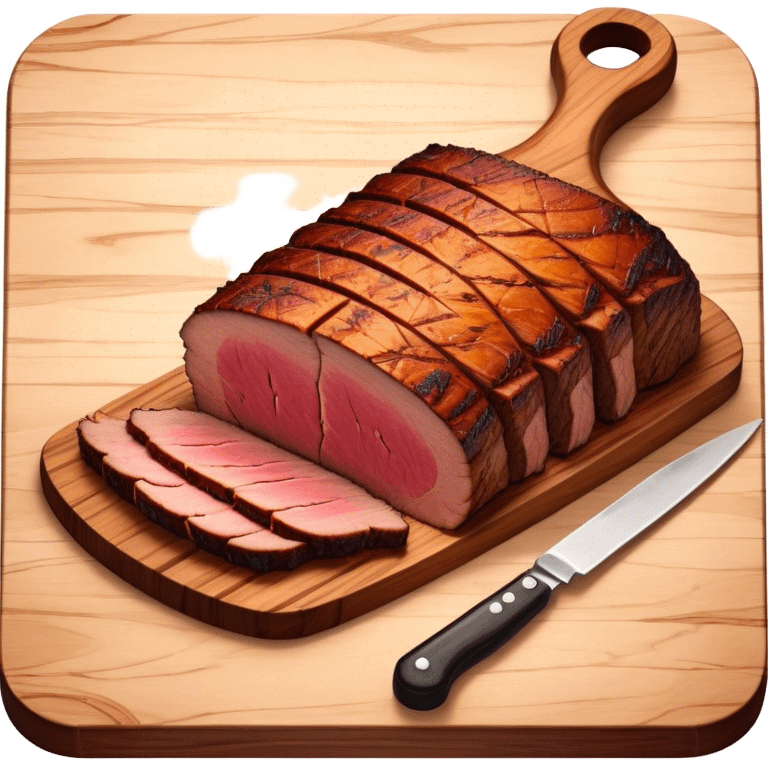 Cinematic smoked brisket, deep mahogany crust, perfectly sliced to reveal juicy marbled meat, warm smoky aroma, served on a wooden board, rich and flavorful, ultra-detailed and appetizing. emoji