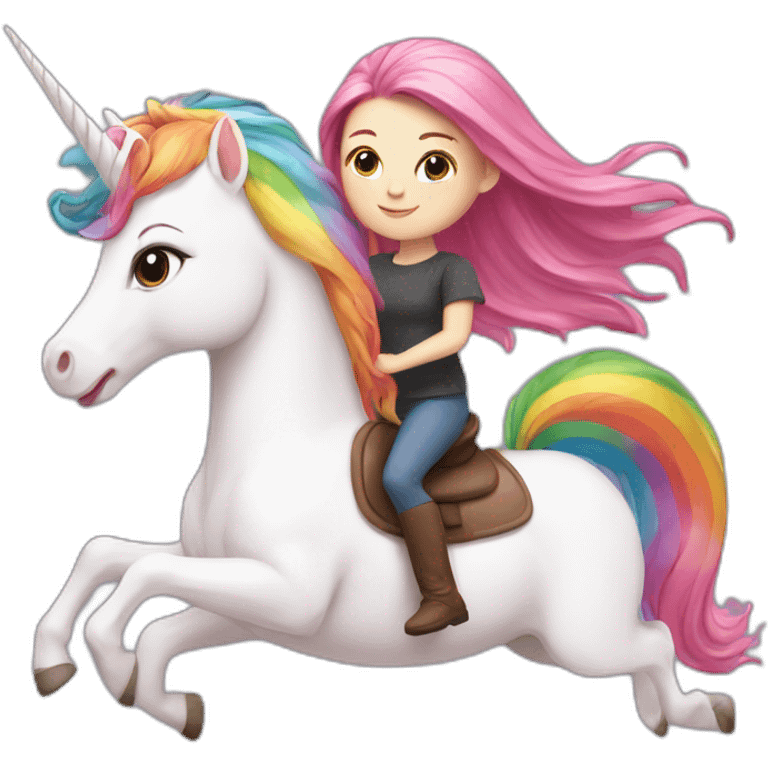 White Girl with pink hair riding a rainbow unicorn emoji