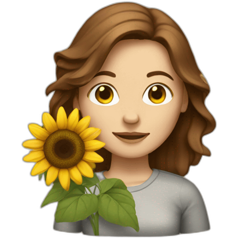 White woman with Brown hair holding a sunflower emoji